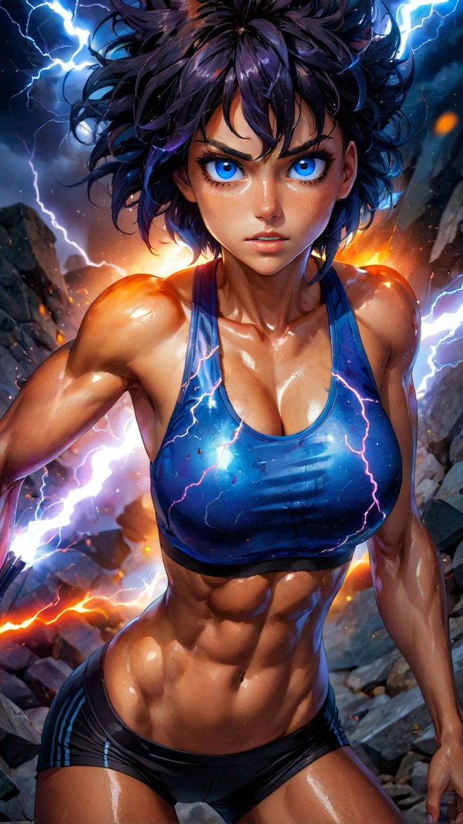 neeavyn's tweet photo. I like how over the top any image gets when I try to combine watercolor styles with lightning. 

On a sidenote, I still need to get better at fixing eyes and other stuff with manual editing. I can't rely on the AI to do it all for me.
#aiart #lightning #musclewoman #weekend https://t.co/IWb7dZdHH4