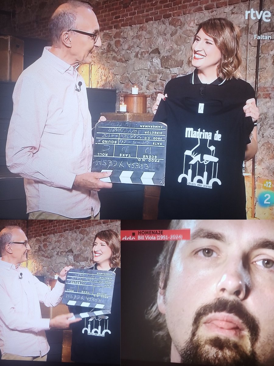 DiegoFerroAct's tweet photo. 🎬No podía haber mejor final para @DiasDeCine que con la simpática complicidad de @GerardoQuietMan y su claqueta final con la madrina @terebe80 (preciosa con @Cess_fcs,el mejor tándem del mundo) y el homenaje al gran videoartista #BillViola que nos acaba de dejar recientemente ✨ https://t.co/iFw9jbqda1