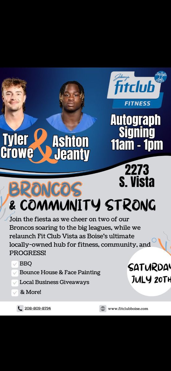 Bronco nation don’t forget the big event at Johnny’s for club off Vista from 11-1! Last chance to meet ash and I before season!