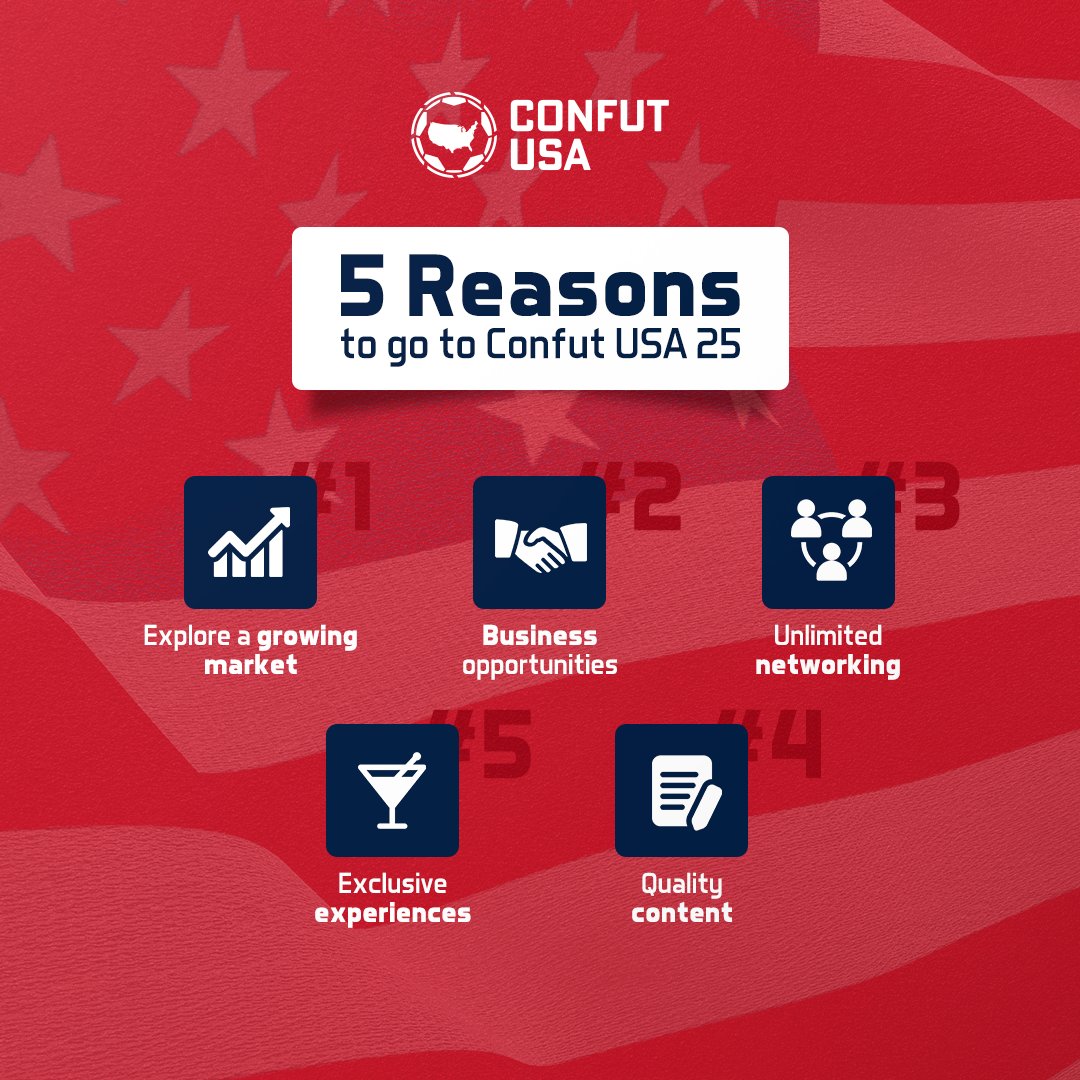 ConfutUSA's tweet photo. Business, networking and content

There's no shortage of reasons for you to secure your space or your brand at Confut USA 2025!

⚽ The United States of America has a growing market with the evolution of local soccer and the big events to come. https://t.co/dAYUxhv8YF