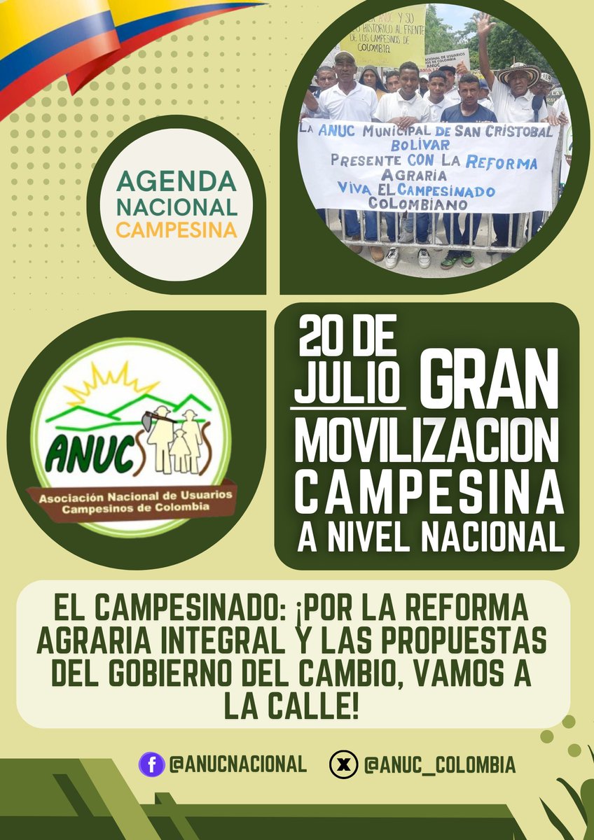 #20DeJulio || El campesinado: ¡Por la reforma agraria integral y las propuestas del gobierno del cambio, vamos a la calle!
<a href="/agendanacionalc/">Agenda Nacional Campesina</a> 

<a href="/petrogustavo/">Gustavo Petro</a> 
<a href="/MinInterior/">MinInterior Colombia</a> 
<a href="/MinAgricultura/">Min. de Agricultura</a> 
<a href="/MinAmbienteCo/">MinAmbiente Colombia</a>