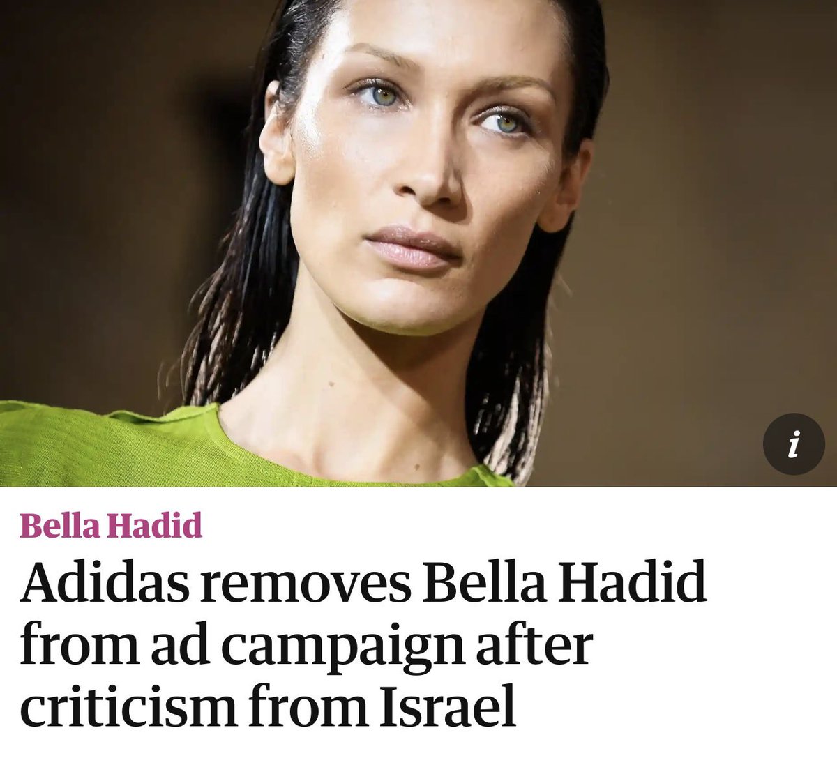Adidas founder Adolf Dassler was part of the Nazi Party and took the rank of Sportwart in the Hitler Youth from 1935 until the end of the war.

You’d think Israel would boycott the brand entirely 

But it’s a Palestinian model, Israel has a problem with.