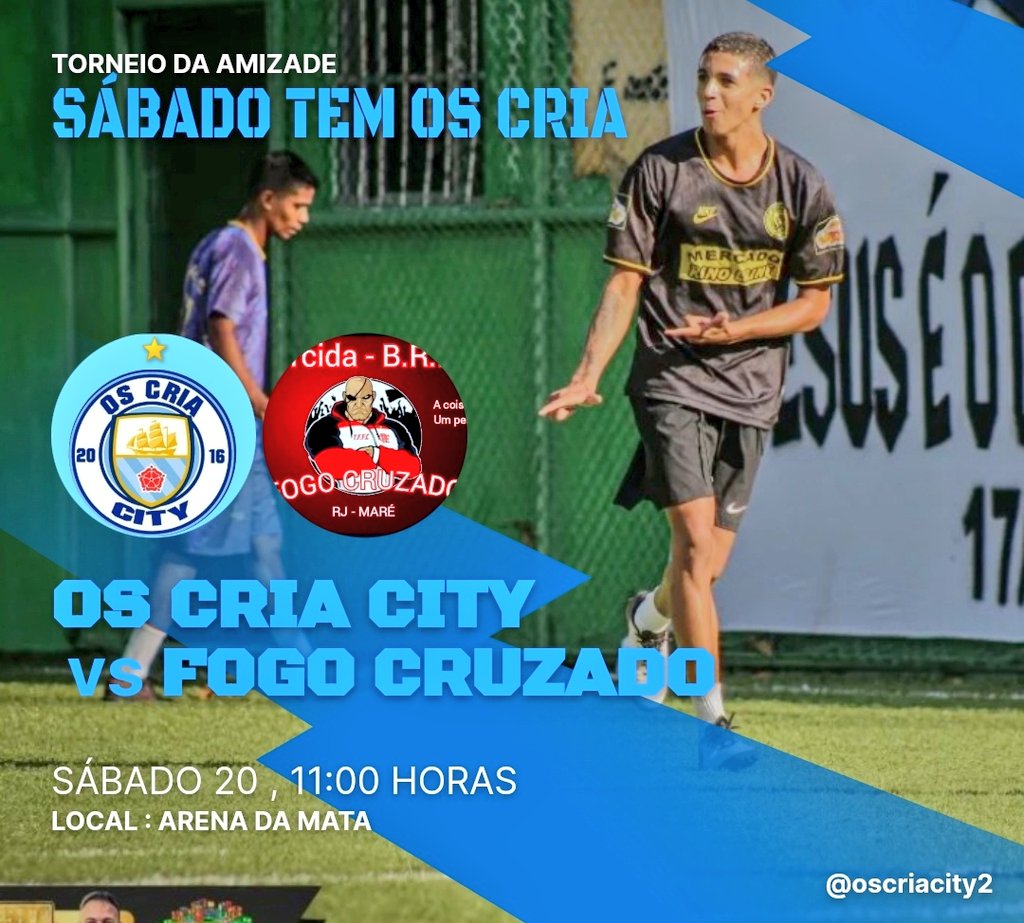Oscriacity's tweet photo. 🆚: Os Cria City x Fogo cruzado 
🗓: Sab 20/7
⏰: 11h00
🏟: Arena da mata 
🏆: Torneio da Amizade https://t.co/4rflYhbcXK