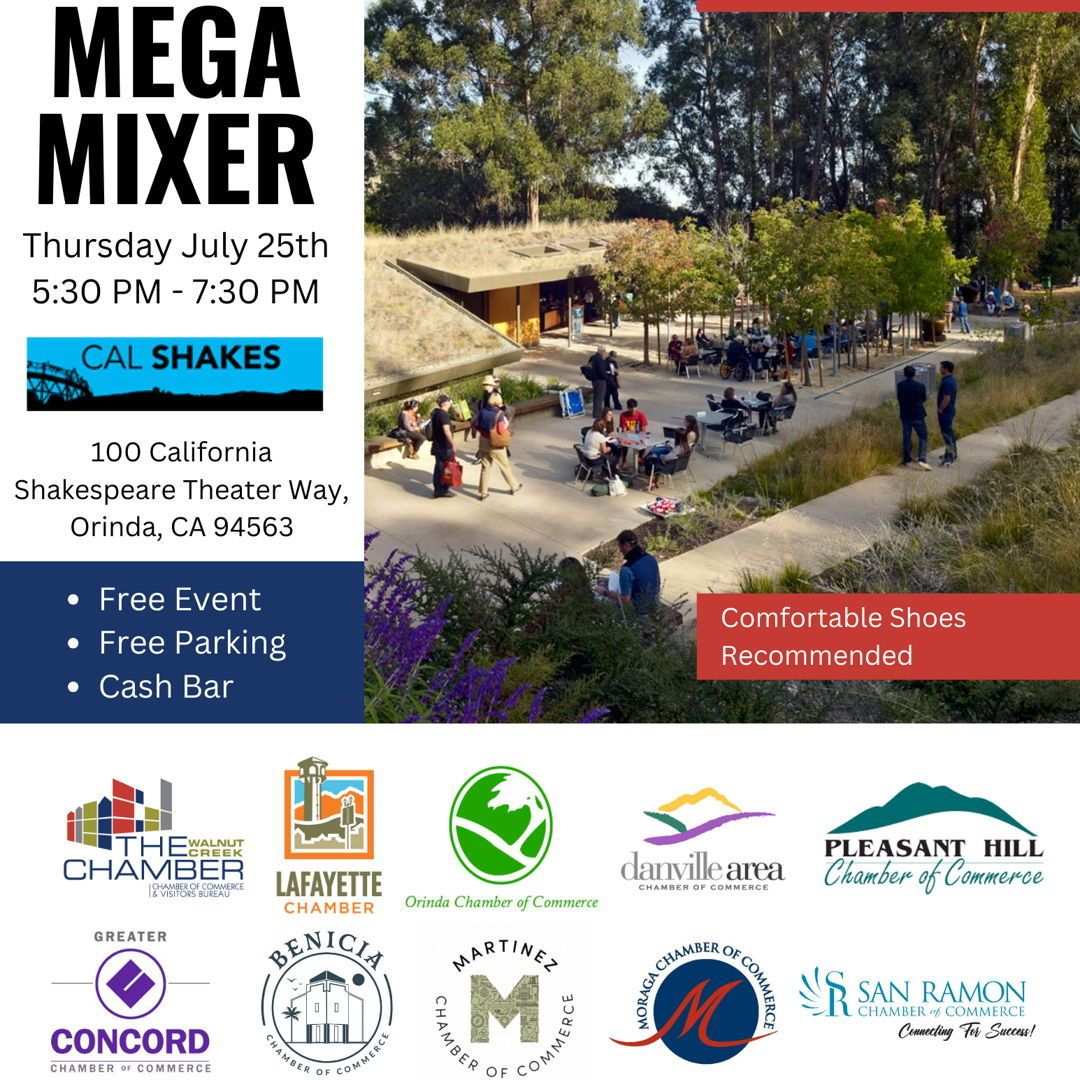 Join us for the 2024 Contra Costa County Chamber of Commerce Mega Mixer at Cal Shakes, 100 California Shakespeare Theater Way, Orinda, on Thursday, July 25th from 5:30 PM to 7:30 PM. We’re proud to have LB Steak and Mendocino Farms represent the San Ramon Chamber of Commerce!