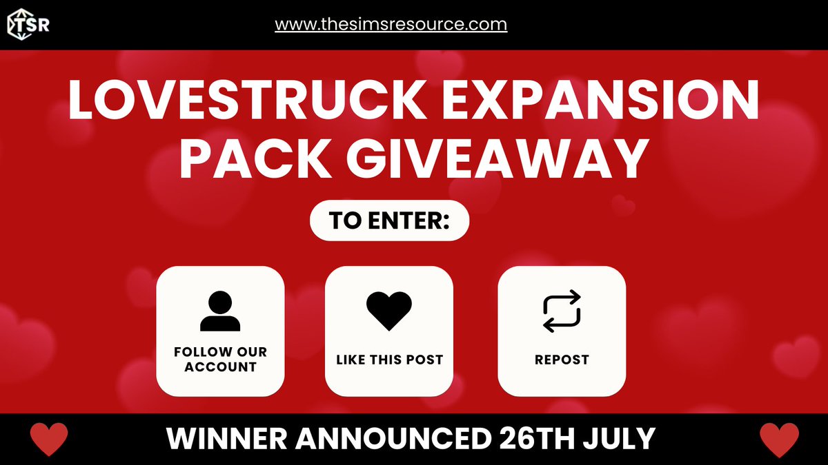 Hey Simmers! Have you seen the NEW Lovestruck Expansion? 😍 
To celebrate we're holding giveaways leading up to the release! Want to win the latest expansion pack?
Follow the steps on the image to enter! ✨  
#lovestruck #thesims4 #tsrlovestruck
