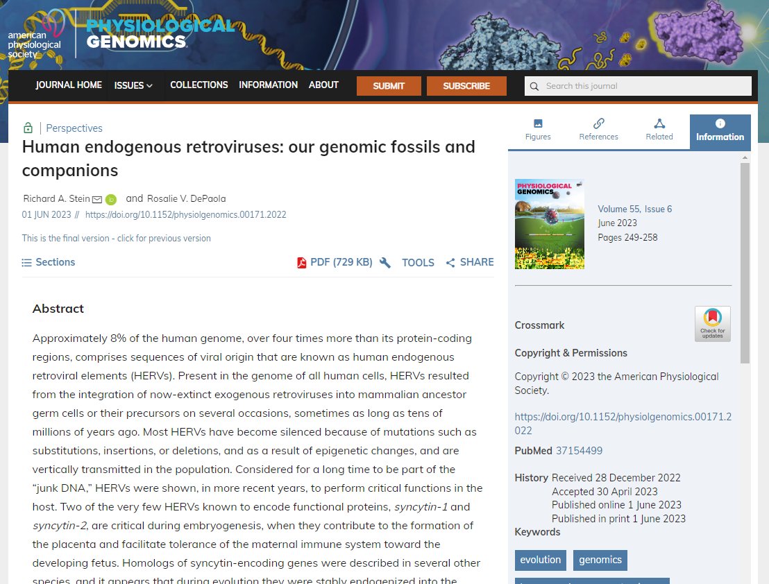 PhysiologicalG's tweet photo. Happy Friday! For your weekend reading➡️Human endogenous #retroviruses: our genomic fossils and companions (Richard A. Stein and Rosalie V. DePaola)
🔓https://t.co/PYSWNznlX6
#Evolution #Genomics #Placenta #HERVs https://t.co/FYi8jHS5cu