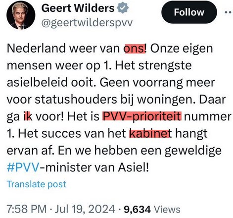 paul_wilders's tweet photo. Dualisme: spreekt #Wilders hier als kamerlid? tekst suggereert anders. Wie is "Ons"? Blonde #kaaskoppen ; dan vallen wij beiden af. "ik" equals dus #PVV . Als TK-lid geen invloed op #kabinet #Schoofs [sic]. Hij zoekt  bewust de randjes op. 1 keer raden waarom. Back gone fishing. https://t.co/SLdDDF1nGG