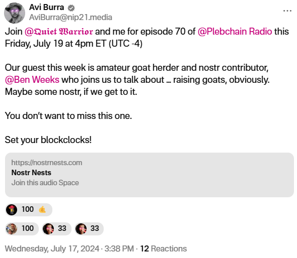 BenGWeeks's tweet photo. Your one-hour heads-up warning :-) We will see where the conversation goes, but we could cover topics such as prepping, homesteading, homeschooling, family #Bitcoin businesses, @damusapp development, @LightningPiggy development, and Zaps for the enterprise. https://t.co/BrGhZEs2Gj