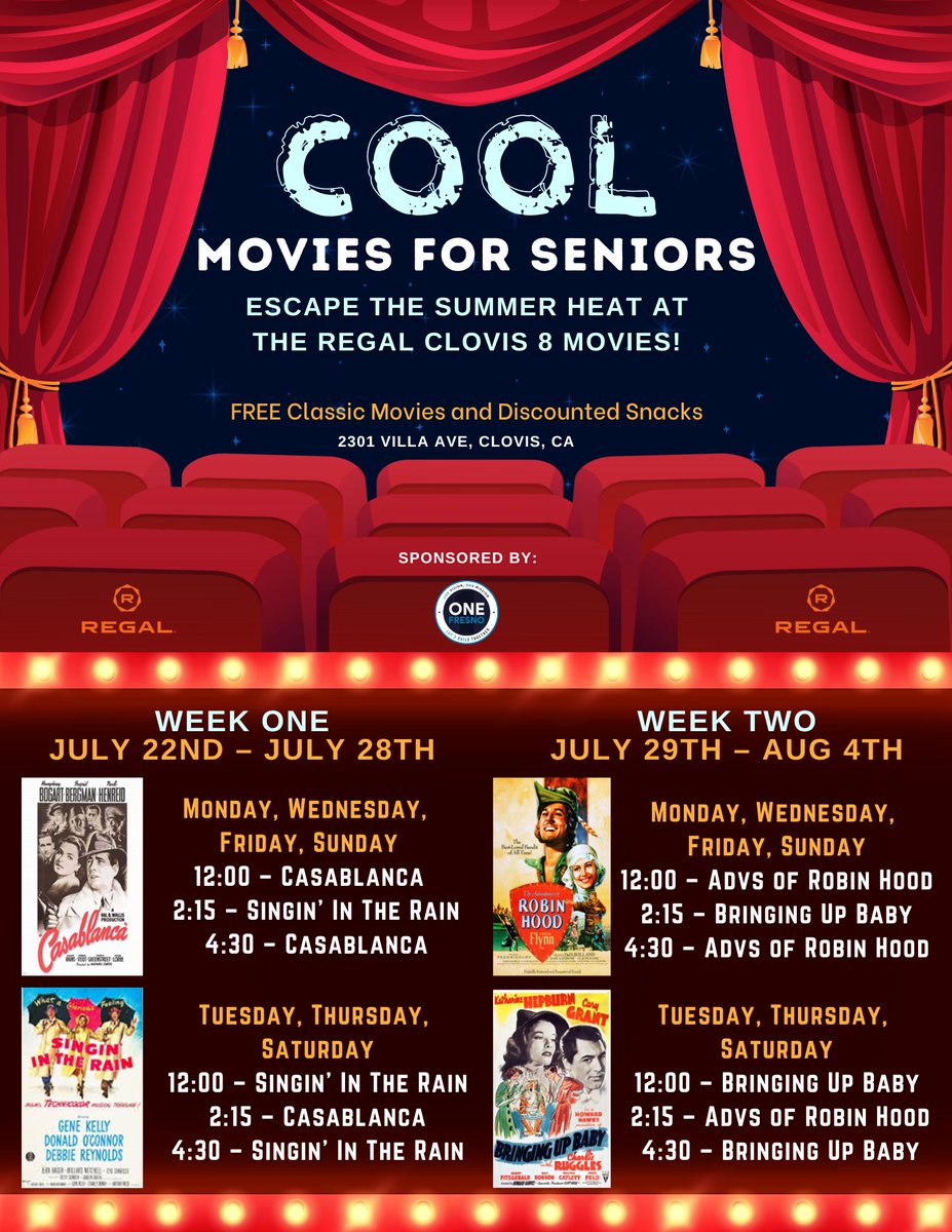 The City of Fresno is offering a way for senior citizens to beat the heat and enjoy a blast from the past by providing FREE movie tickets for select showings of classic movies.