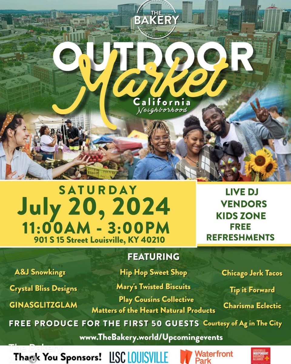 LouisvilleUL's tweet image. The California Neighborhood Outdoor Market is happening this Saturday, July 20, 2024! Enjoy live music, diverse vendors, a kids zone, and free refreshments! The first 50 guests receive free produce. Don't miss out! #OutdoorMarket #CommunityEvent