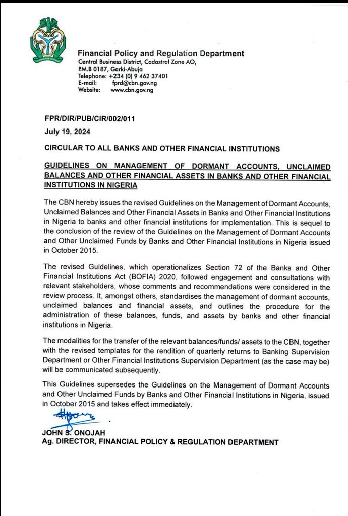 BREAKING: CBN Orders Banks to Send Funds in Dormant Accounts, Unclaimed Balances to Apex Bank