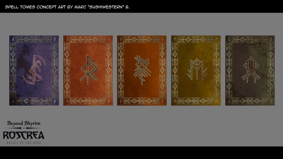 Concepts of tomes of incantations and rituals I've done for Beyond Skyrim: Roscrea in the Get It Done event!