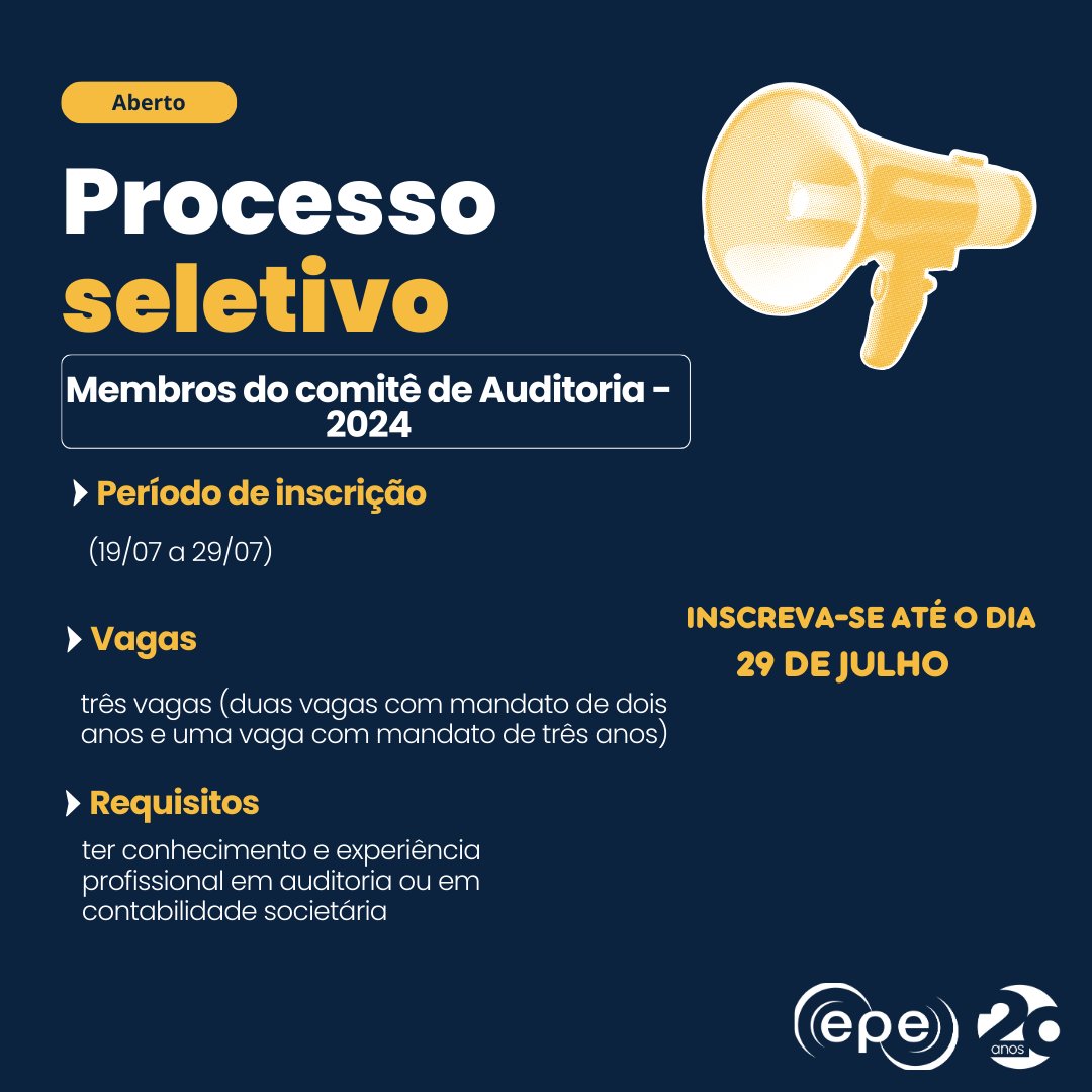 EPE_Brasil's tweet photo. Temos o prazer de anunciar a abertura do processo seletivo para a composição do nosso Comitê de Auditoria. Estamos em busca de profissionais altamente qualificados e comprometidos com a integridade e a excelência na governança corporativa. Saiba mais em: https://t.co/u9VPJzVCRN https://t.co/FAYSXywJNn