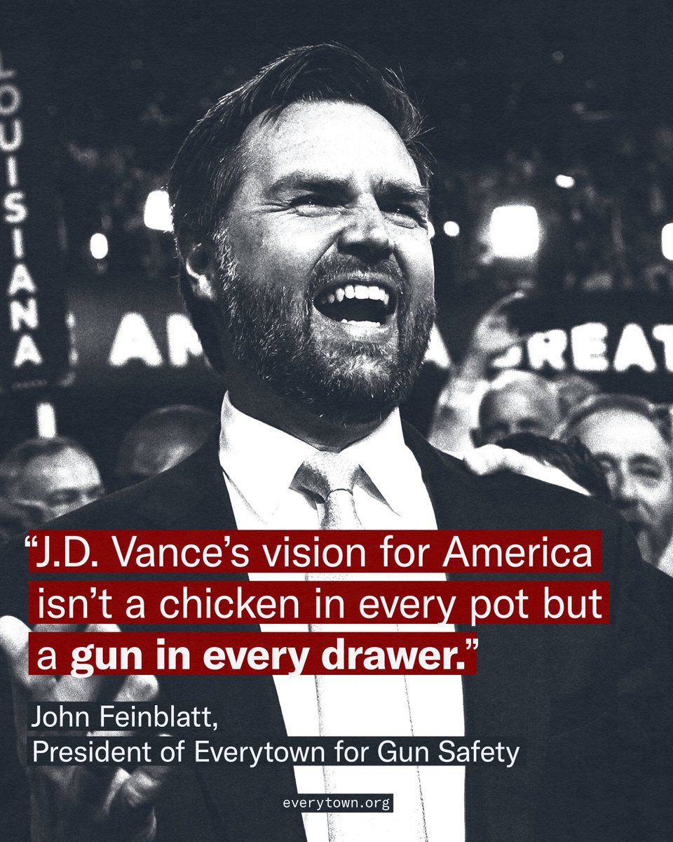 Everytown's tweet photo. Thereโs a reason the gun lobby spent half a million dollars to elect J.D. Vance: He seeks to abolish the federal agency that enforces gun laws, wants more guns everywhere, and opposes even the most basic, common-sense gun safety policies.
Together with Donald Trump, theyโre a gun extremistโs dream ticket.