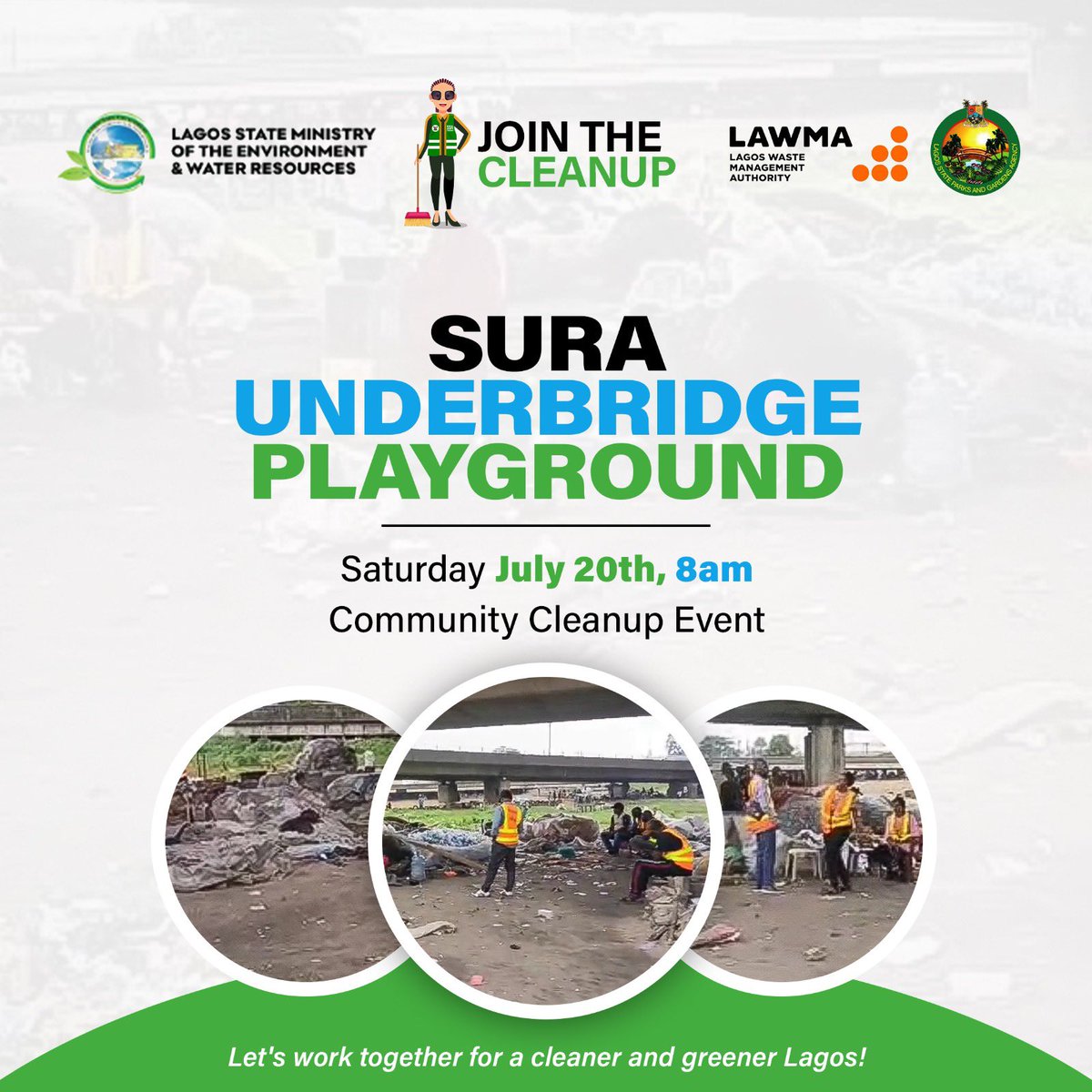 The cleanup of the Sura Underbridge Playground will take place tomorrow, Saturday, 20th July, starting from 8am. 

Join us in our quest to build a greater Lagos. 

You can send a private message to <a href="/TTaylaur/">TARI TAYLAUR</a> if you’d like to be part of this event.

#KeepLagosClean
#LAWMACares