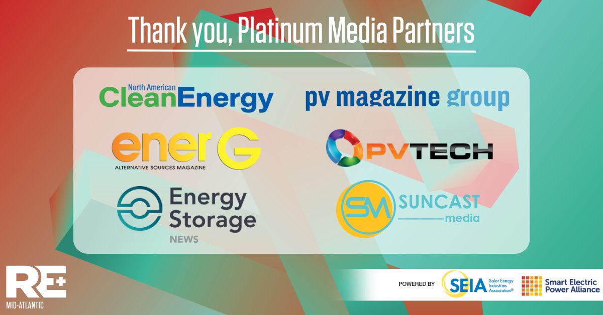 REPlusEvents's tweet photo. Thank you to our RE+ Mid-Atlantic Platinum, Gold, and Silver Media Partners and for your efforts in clean energy! #REPlusMA @NACleanEnergy @pvmagazine @pv_tech @enerGmag @energystoragenw @POWERmagazine @BloombergNEF @REWorld @SolarPowerWorld https://t.co/Udrtixm30w