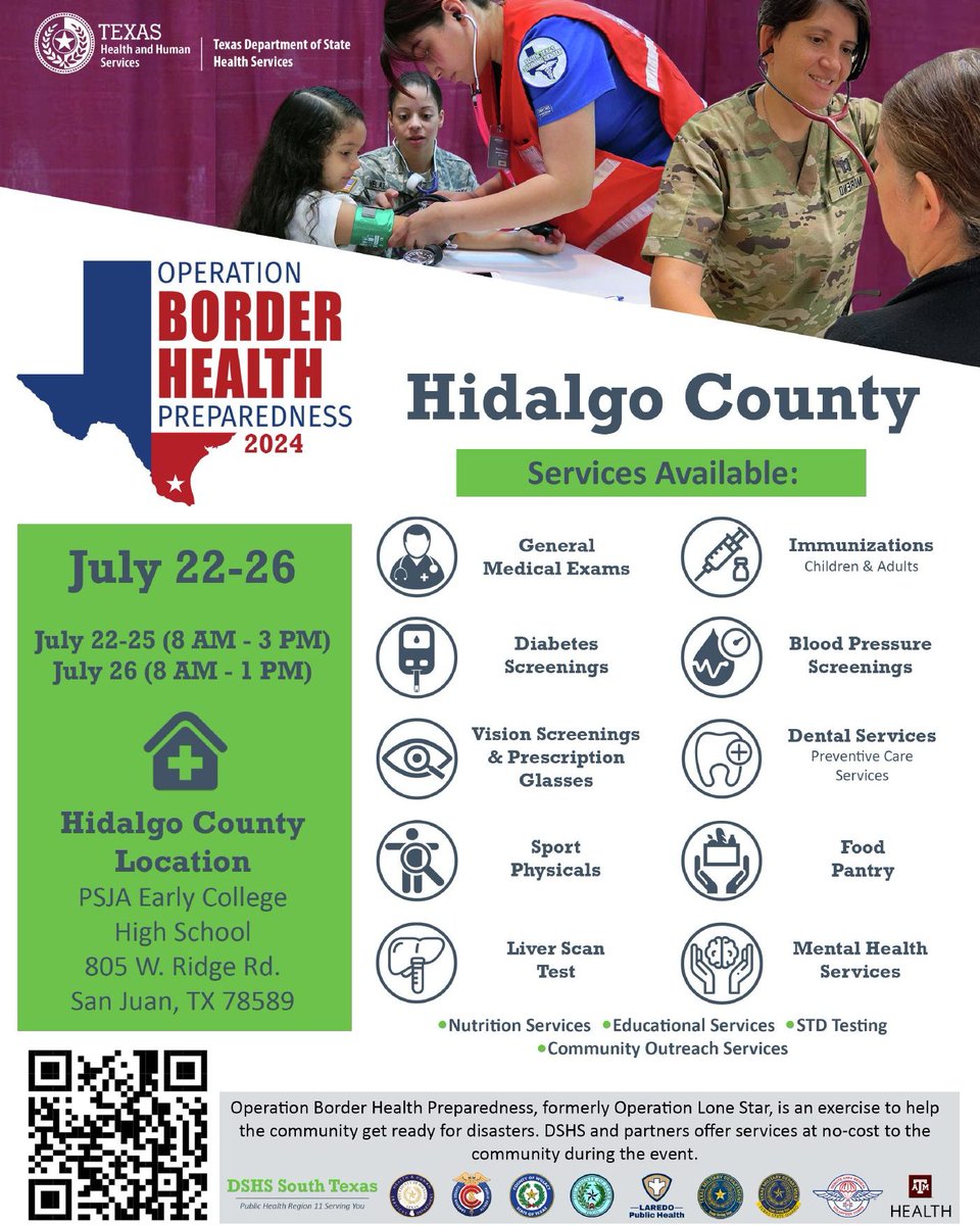 HidalgoCountyTX's tweet image. Operation Border Health is coming to Hidalgo County!🩺FREE health services for you &amp;amp; your family at PSJA Early College High School.

July 22 - July 25 (8AM-3PM)
July 26 (8AM-1PM)

☑️ FREE Vaccinations
☑️ FREE Dental Care
☑️ FREE Vision &amp;amp; Glasses
☑️ FREE Diabetes screenings