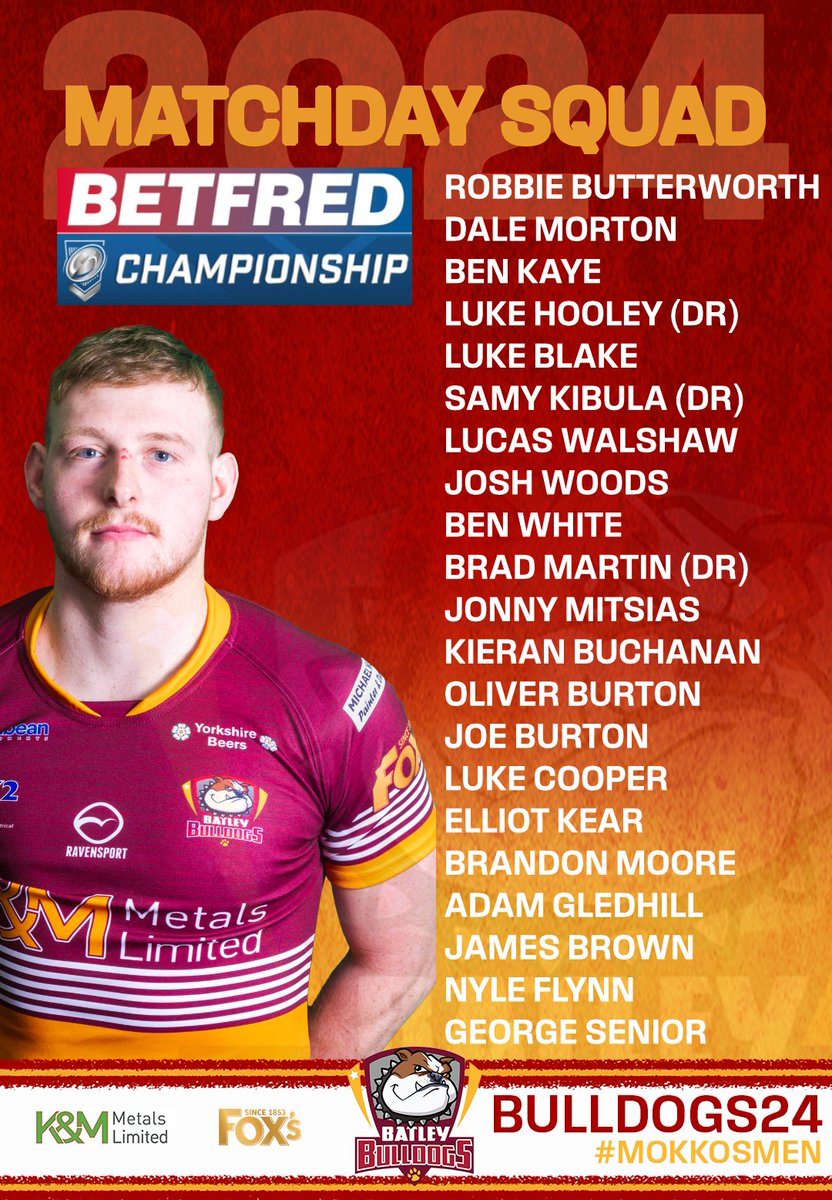 BatleyRLFC's tweet photo. TEAM NEWS | Mokko has announced his 21-man squad ahead of Sunday's @Betfred Championship clash against @DewsburyRams at the @foxs_biscuits Stadium!

#MOKKOSMEN https://t.co/fj2shnGV5I
