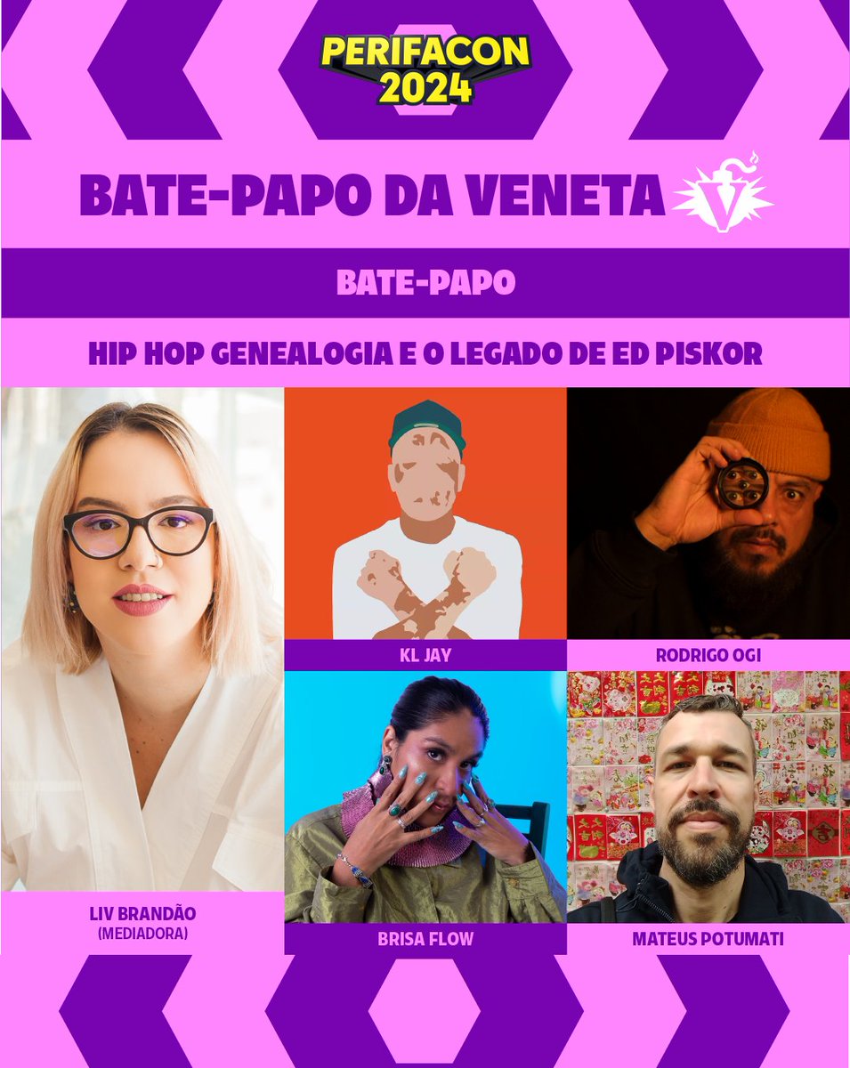 PerifaCon's tweet photo. Em parceria com a @editoraveneta temos um bate papo INCRÍVEL!!!!! 🔥

Com mediação de Liv Brandão, a conversa terá a participação de Brisa Flow, Rodrigo Ogi, Mateus Potumati e nosso queridissimo Kl Jay. Ou seja? Só gente oh: 🤌🏾

O bate papo é sobre Hip Hop, o legado do artista americano Ed Piskor e sua HQ ‘’Hip Hop Genealogia’’, que o próprio Ed ilustrou. 😲 Sensacional!

Quem vai pra edição deste ano? Levanta a mão! ✋🏿

📌 PerifaCon 2024
🗓️ Dias 27 e 28/07
📍Fábrica de Cultura Diadema