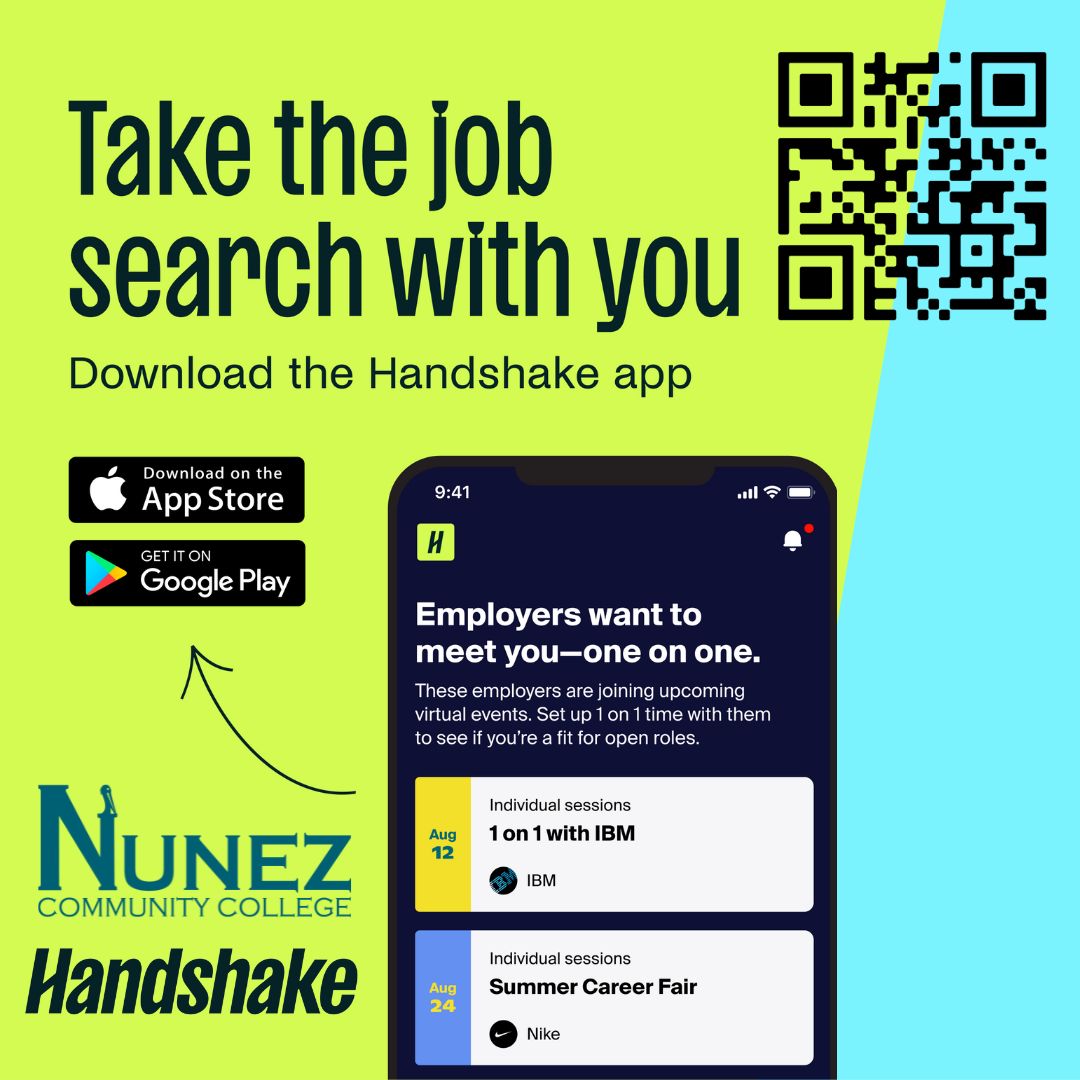 Nunez_CC's tweet image. Pelicans, your job hunt ends here 📍
To secure your first internship or get your dream job, download the Handshake app, build your profile and start applying to top-tier companies in minutes.
#DoorsOpen at the #NunezCareerCenter #joinhandshake