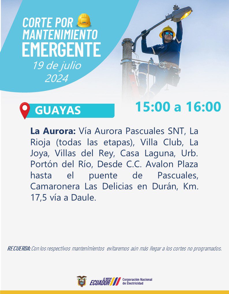 CNEL_EP's tweet photo. 📍La Aurora  

Informamos que, debido al incidente ocurrido ayer con el globo enredado en la línea de 69 kV en la zona Villa Club, se dañó un seccionador de salida en la bahía Manglero de la subestación Pascuales, por lo cual será reemplazado, lo que generará cortes de energía en los siguientes sectores: