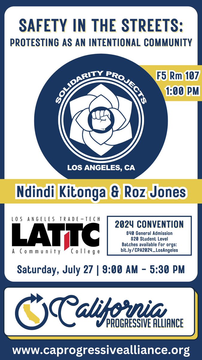 CAProgAlliance's tweet photo. Y’all won’t want to miss this important break out session at our CPA Convention next Sat on July 27th! 

Join grassroots mutual aid organizers Ndindi Kitonga (she/her) &amp; Rosalind Jones (she/they) for an interactive workshop around protest safety best practices &amp; movement security https://t.co/bLIYsLsSPq