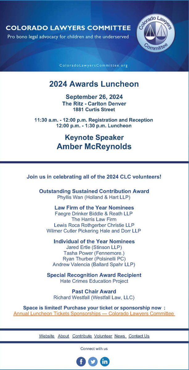 COLawyersComm's tweet photo. The CLC’s Annual Awards Luncheon is coming up on September 26th! You can support the event and the important work of the CLC through a sponsorship or ticket purchase.

See our website for more details: https://t.co/0ISXr917e1

Join us to celebrate our wonderful volunteers! https://t.co/eMjrntip0J