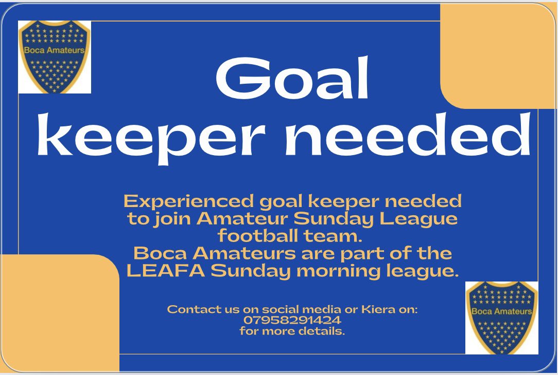 Looking for a goal keeper to join Boca #boca #Leafa #amateurfootball #goalkeeper