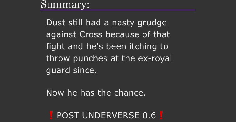 archiveofourown.org/works/35492266

The fic takes place POST 0.6 from Underverse. It’s an OLD rp I did with a friend from 2021, so it’s not really the best.

Tw: Injury and Violence

#UndertaleAU #Underverse