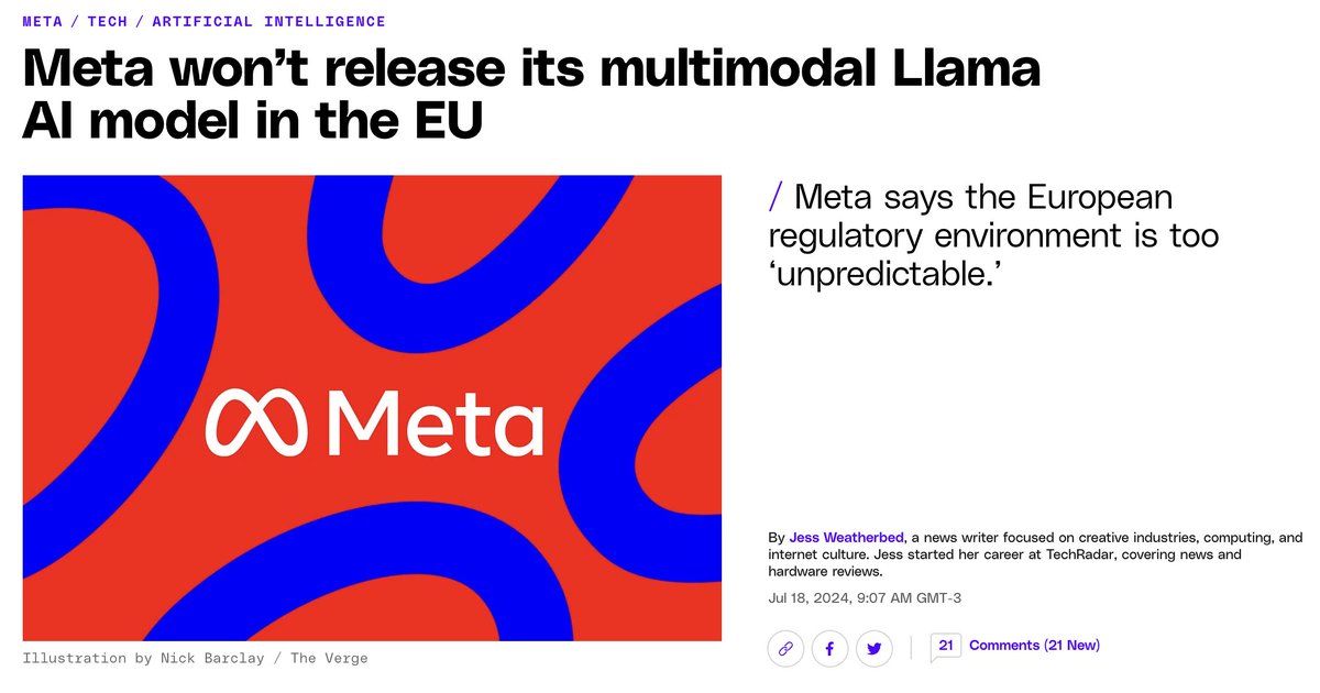 "Meta says the European regulatory environment is too 'unpredictable'"

Translation: Meta prefers Zuckerberg's "move fast and break things" mode. The EU has been regulating tech (GDPR, DMA, DSA, AI Act, etc.), so Meta and other big tech companies are trying to use economic and