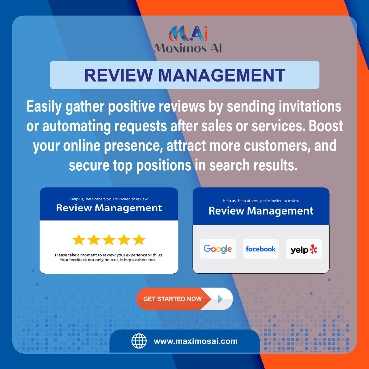 AiMaximos55375's tweet image. Easily collect good reviews, improve your online presence, and get top search results by sending review invitations or automating post-sale requests. #LeadCapture #MaximosAI #AllInOneCRM #automateandgrow #DigitalMarketing #OnlinePresence #ReviewManagement #Entrepreneurship #Sales