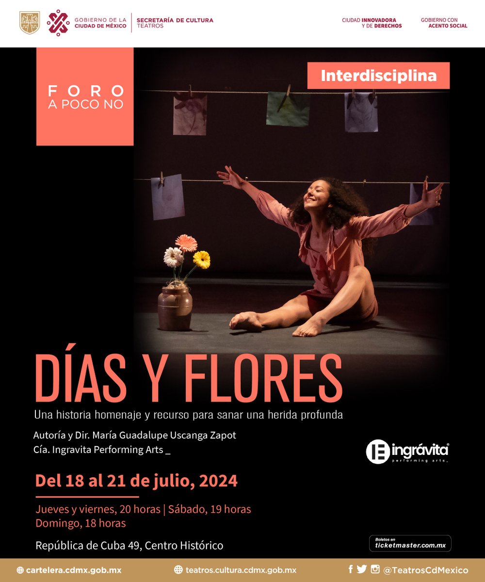 TeatrosCDMX's tweet photo. ¡Tenemos 5 PASES DOBLES para que nos acompañes esta noche en #DíasYFlores en el #ForoAPocoNo! 

Solo da RT y manda por mensaje tu nombre completo, ¡acompáñanos! https://t.co/gh06NOvqQA