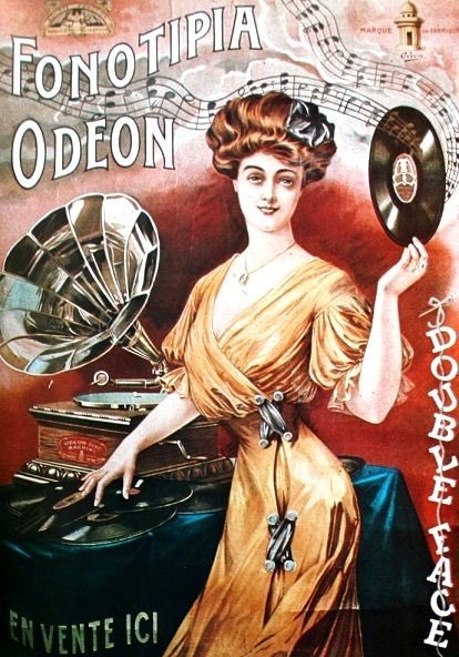 Poster c. 1908. Gran parte de la publicidad de los fonógrafos se dirigía específicamente a las mujeres, y muchos de los escritos sobre el papel doméstico del fonógrafo eran de y para mujeres. Por una buena razón: la música en el hogar había sido tradicionalmente cosa de mujeres.