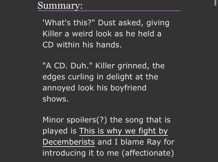 archiveofourown.org/works/36559792

This fic bounces around the idea that Dust has trouble sleeping, and Killer can play the acoustic guitar

Tw: None

#UndertaleAU #Kist #KillerDust