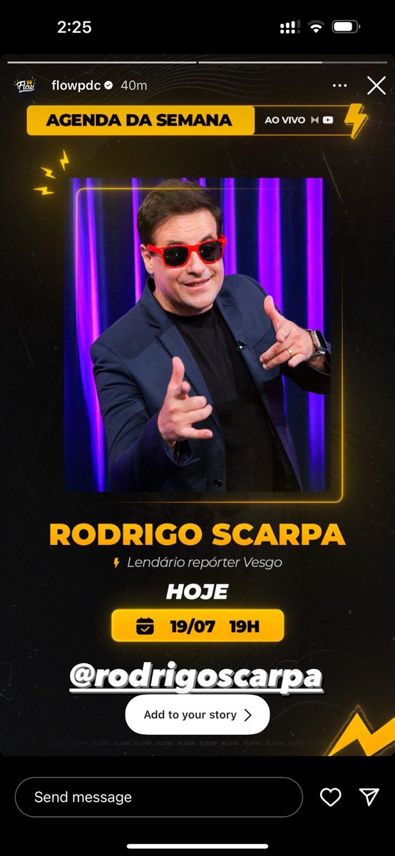 RodrigoScarpa's tweet photo. Daqui a pouco as 19:00 ao vivo estarei no Flow Podcast . Espalhe pros amigos e vamos lotar a live. #podcast #flow #humor #panico #vesgo https://t.co/mj9FTnGgfU