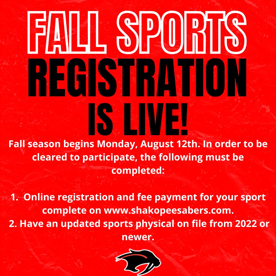 Registration for Fall 2024 Sports is now open! For more information on our offerings and how to register, please visit shakopeesabers.com. Go Sabers!
