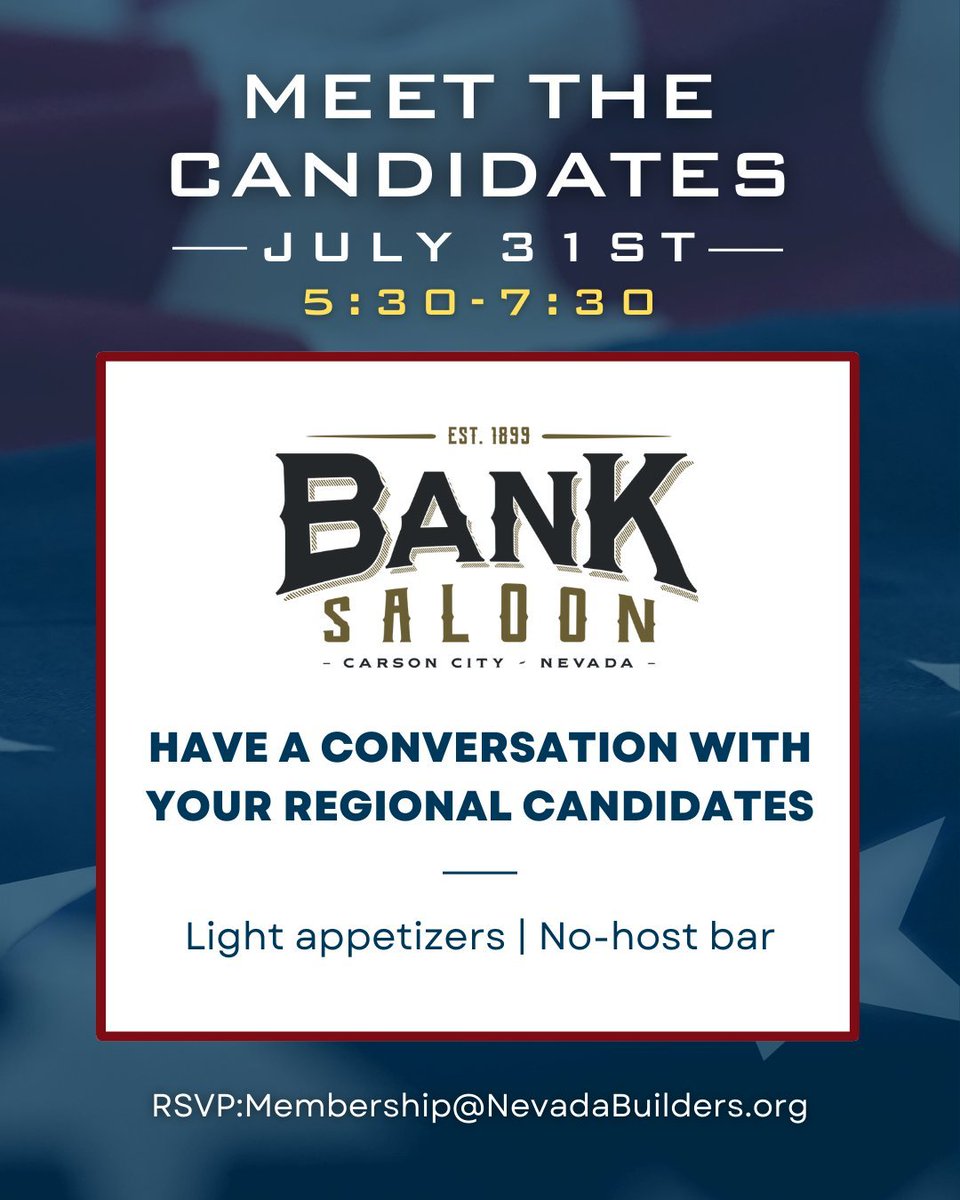 Nevada Builders (@nevadabuilders) on Twitter photo Meet who you're voting for at <a href="/BankSaloonNV/">Bank Saloon</a> on Wednesday, July 31! We're getting local candidates to talk with YOU about their plans to build a better Nevada! Enjoy light appetizers and a cash bar from 5:30 p.m. to 7:30 p.m.
📧 RSVP with Stacy at Membership@NevadaBuilders.org Meet who you're voting for at <a href="/BankSaloonNV/">Bank Saloon</a> on Wednesday, July 31! We're getting local candidates to talk with YOU about their plans to build a better Nevada! Enjoy light appetizers and a cash bar from 5:30 p.m. to 7:30 p.m.
📧 RSVP with Stacy at Membership@NevadaBuilders.org
