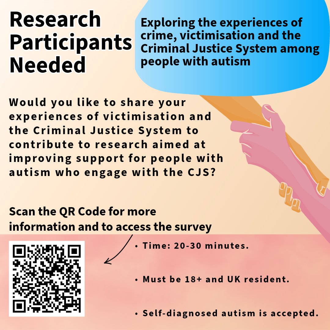 📢 I’m Josh, a PhD student at Sheffield Hallam University, researching how people with autism experience crime, victimisation, and the Criminal Justice System. 

 If you are interested in participating and want to share your experiences , click the link or scan the QR code for