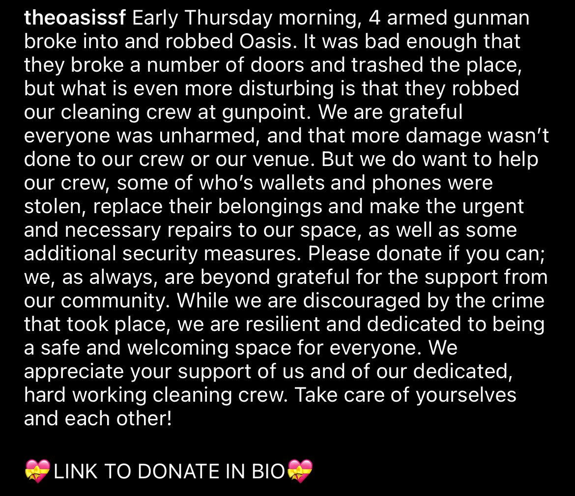 Early Thursday morning <a href="/sfoasis/">OASIS</a> was the victim of a break in and robbery!
if you have the means to help a queer space bounce back from a horrible incident please donate below!
tr.ee/yvNflcEbI6