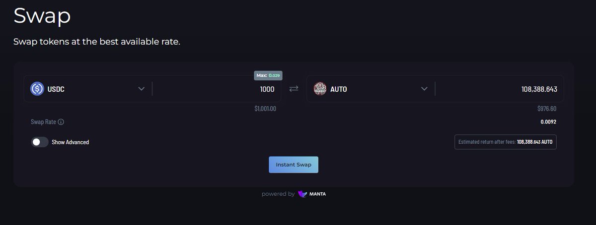 You can now swap any token to $AUTO via MantaSwap API 🔥

The token was added automatically without requiring any code deployment thanks to our shiny new v2 API 💪