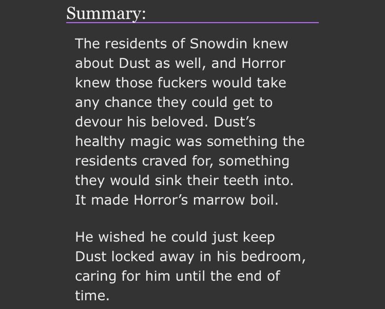archiveofourown.org/works/57145213

A very self indulgent fic, heavy warnings.

Tw: Dismemberment, Blood, Gore, Possessive Behavior, Toxic Love, Misplaced Care

#UndertaleAU #HorrorDust