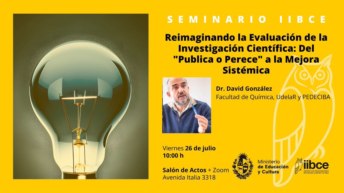 Compartimos seminario del <a href="/IIBCE/">Instituto Clemente Estable</a> Reimaginando la Evaluación de la Investigación Científica: Del "Publica o Perece" a la Mejora Sistémica
Presencial o Zoom a través del siguiente enlace:
us06web.zoom.us/j/83042423433?…
ID de reunión: 830 4242 3433
Clave: 790360