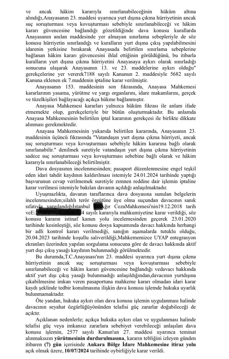 avmaliozcan's tweet photo. Pasaport üzerinde bulunan idari tahditin kaldırılması için açılan davada , Ankara 14. İdare Mahkemesi idari tahditin hukuka aykırı olduğunu ve yürütmenin durdurulması gerektiğine dair karar vermiştir. https://t.co/4iAI8yqV2Q