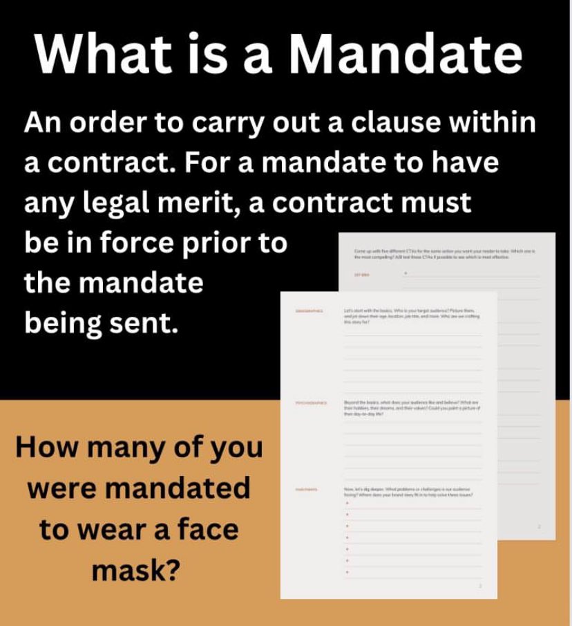 SovereignPete's tweet photo. Unless you have signed or agreed to terms within a contract, no one can mandate you. Now rethink lockdown, lockdown fines and mandatory compulsory face mask wearing.
#wakeywakey #unlawful #unlawfullockdown #mandates #facemask #lockdownlies #covidlies #covid #covidscam #corrupt https://t.co/GDKoPXMYvO