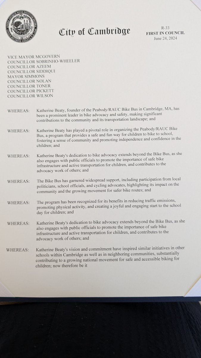 Katherine B (@katicycle) on Twitter photo Wow, that's a lot of whereas's! Official city council resolution "suitably engrossed" just for the Peabody/RAUC #bikebus. This made my day, thanks Cambridge City Council! <a href="/Marc_C_McGovern/">Cambridge Vice-Mayor Marc McGovern</a> Wow, that's a lot of whereas's! Official city council resolution "suitably engrossed" just for the Peabody/RAUC #bikebus. This made my day, thanks Cambridge City Council! <a href="/Marc_C_McGovern/">Cambridge Vice-Mayor Marc McGovern</a>