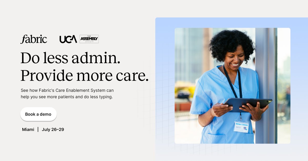 poweredbyfabric's tweet photo. Fabric will be in Miami July 26–29 for the @UrgentCareAssoc's 2024 Assembly. See how our end-to-end care enablement system creates clinical capacity by automating admin tasks and allowing providers to focus more on patient care and less on documentation: https://t.co/9kPwBrGTkM https://t.co/QZFuynlpEc