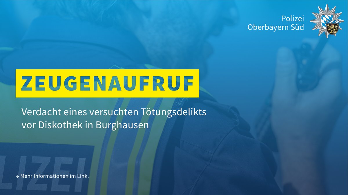 polizeiOBS's tweet image. Im Rahmen einer Auseinandersetzung am frühen Morgen des 14. Juli sollen vier bislang Unbekannte einen 39-Jährigen vor einer Diskothek In den Grüben in #Burghausen erheblich verletzt haben.

Zeugen werden gebeten, sich unter 📞 08631/3673-0 zu melden.
➡ polizei.bayern.de/aktuelles/pres…
