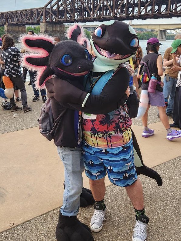 GladisOrca's tweet photo. Nothin to see here- just two suit siblings being cute at the Pittsburgh waterfront

And yes I can confirm @AxolotlBubbles gives the best hugs

#FursuitFriday

📸: @CadeSeadragon https://t.co/3C4cCcliQF