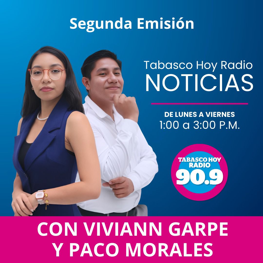 TabascohoyFM's tweet photo. #NoticieroTHR 🔴🎙️| No te pierdas la segunda emisión con Viviann Garpe y Paco Morales🎙️ 

De lunes a viernes de 1:00 a 3:00 P.M. 🕦

Sigue las noticias al minuto por la 90.9 FM en radio📻y a través de nuestras redes sociales📲

#THRadio #TabascoHoyRadio909 https://t.co/gp16MbOFI6