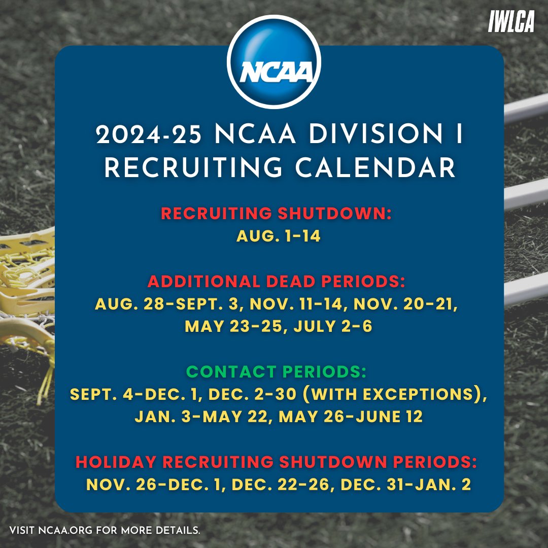 🚨🚨 ATTENTION DIVISION I COACHES, the <a href="/NCAA/">NCAA</a>  has officially released the 2024-25 DI WLAX Recruiting Calendar!! 📅 

Here are some key dates to remember. 👇

View full calendar details here: bit.ly/3LtI7Xo